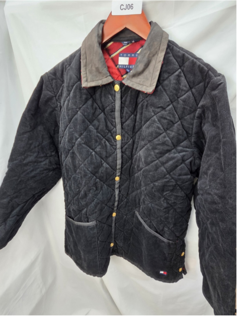 Vintage Tommy Hilfiger Womens Small Black Corduroy Quilted Jacket Red Lined CJ06